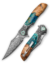 Apus-07C Liner Lock,3.77'' 67 Layesrs Damascus Steel Blade,Steel Bolster & Resin Wood Handle
