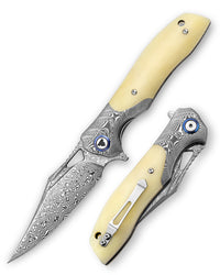 Apus-02W Liner Lock,3.77'' 110 Layesrs Damascus Steel Blade,Bolster & Bone Handle