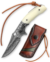 Puppis-02W Liner Lock,3.5'' 67 Layesrs Damascus Steel Blade,Steel Bolster & Bone Handle