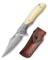 Apus-02W Liner Lock,3.77'' 110 Layesrs Damascus Steel Blade,Bolster & Bone Handle and Sheath