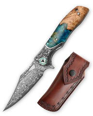 Apus-07C Liner Lock,3.77'' 67 Layesrs Damascus Steel Blade,Steel Bolster & Resin Wood Handle and Sheath