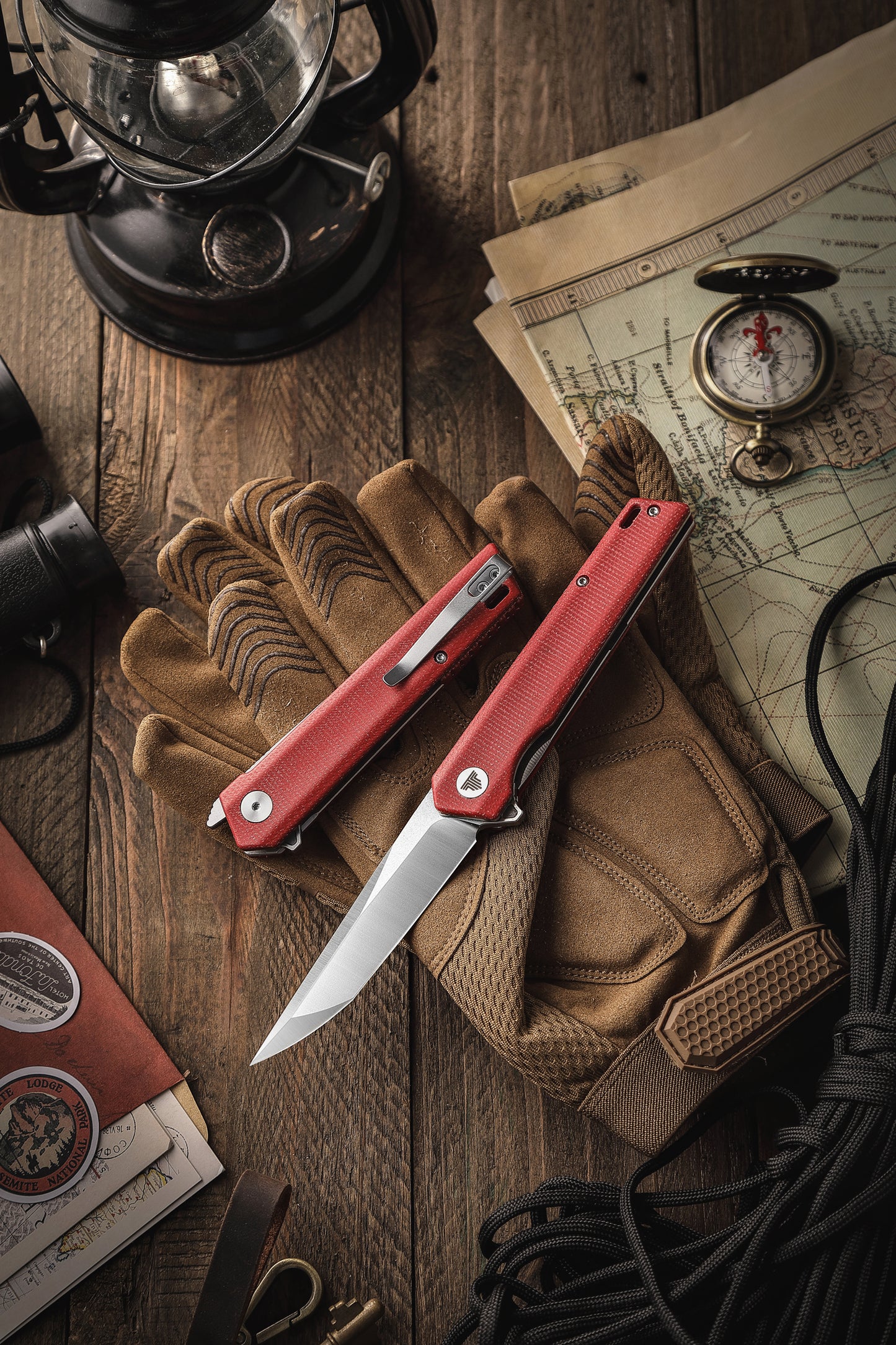 Equ-04R Flipper & Front Flipper Liner Lock,3.58" 10Cr15CoMoV Steel Red Satin & Stonewash Blade,Micarta Handle