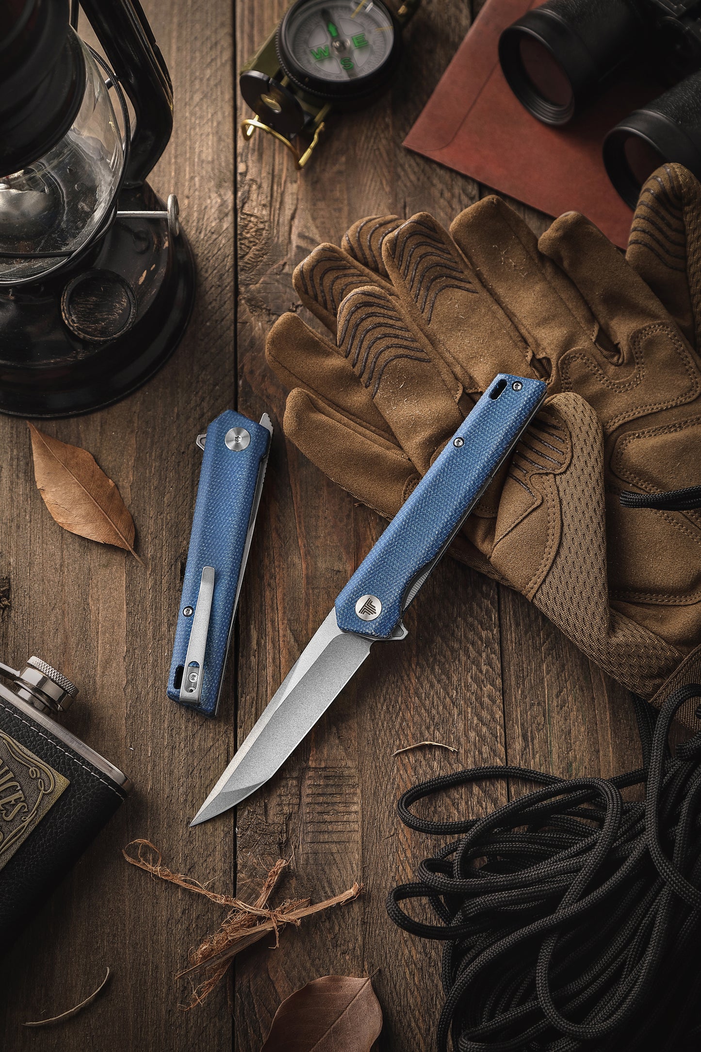 Equ-04L Flipper & Front Flipper Liner Lock,3.58" 10Cr15CoMoV Steel Stonewashed Blade,Blue  Micarta Handle