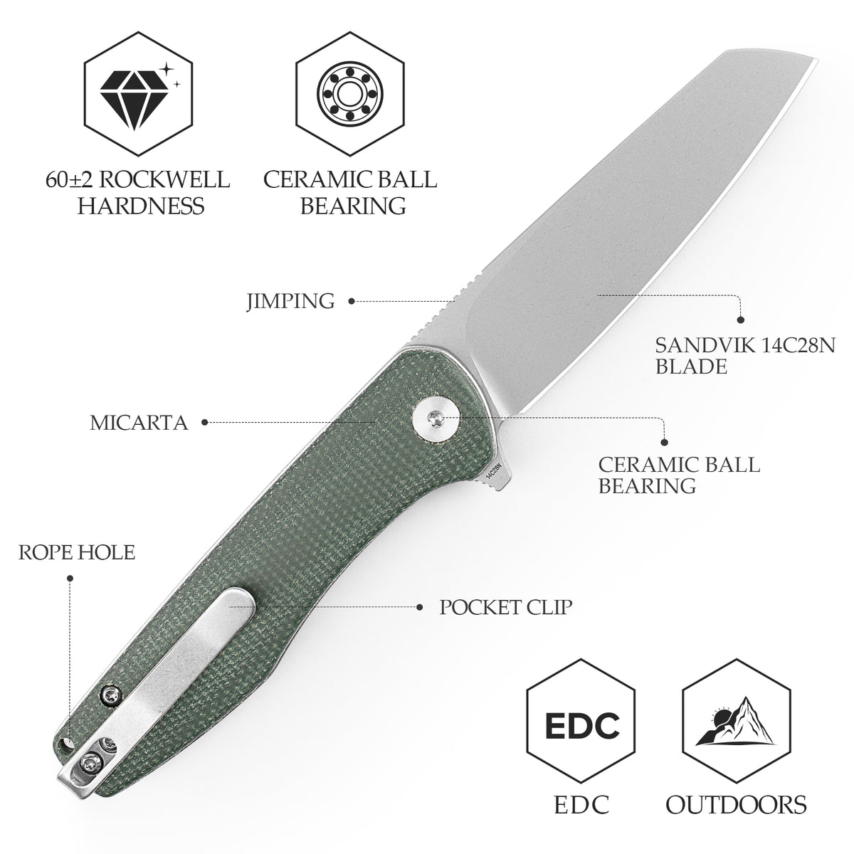 Dickybird-GM Liner Lock EDC Folding Pocket Knife 2.99'' 14C28N Steel Blade,Micarta Handle