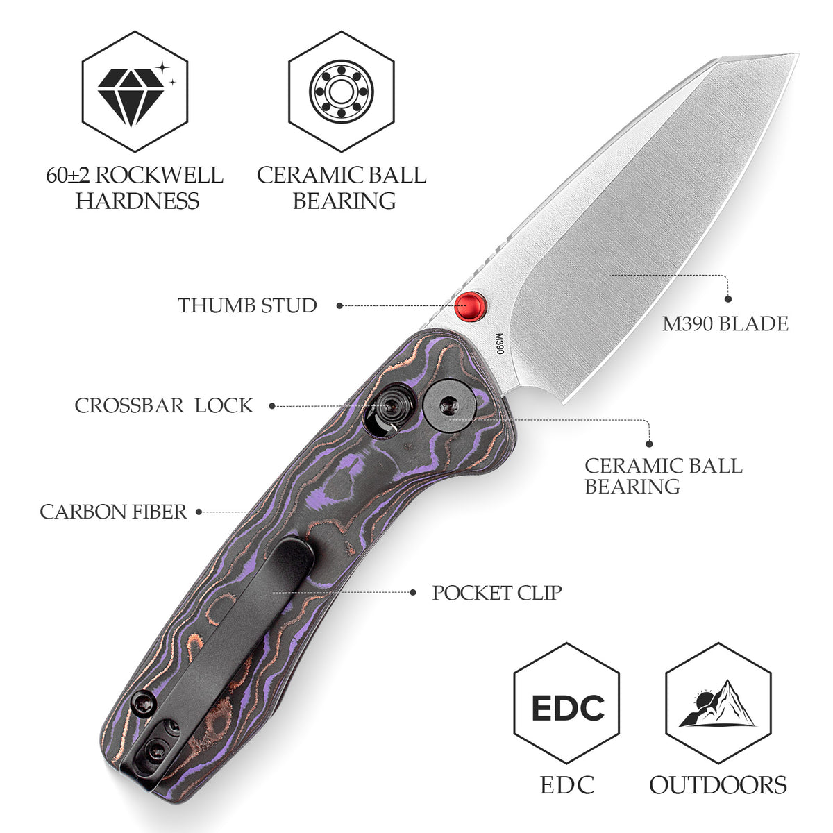 Sloth Ultra-PC Crossbar Lock EDC Folding Pocket Knfe,2.54" M390 Steel Blade, Copper Carbon Fiber Handle