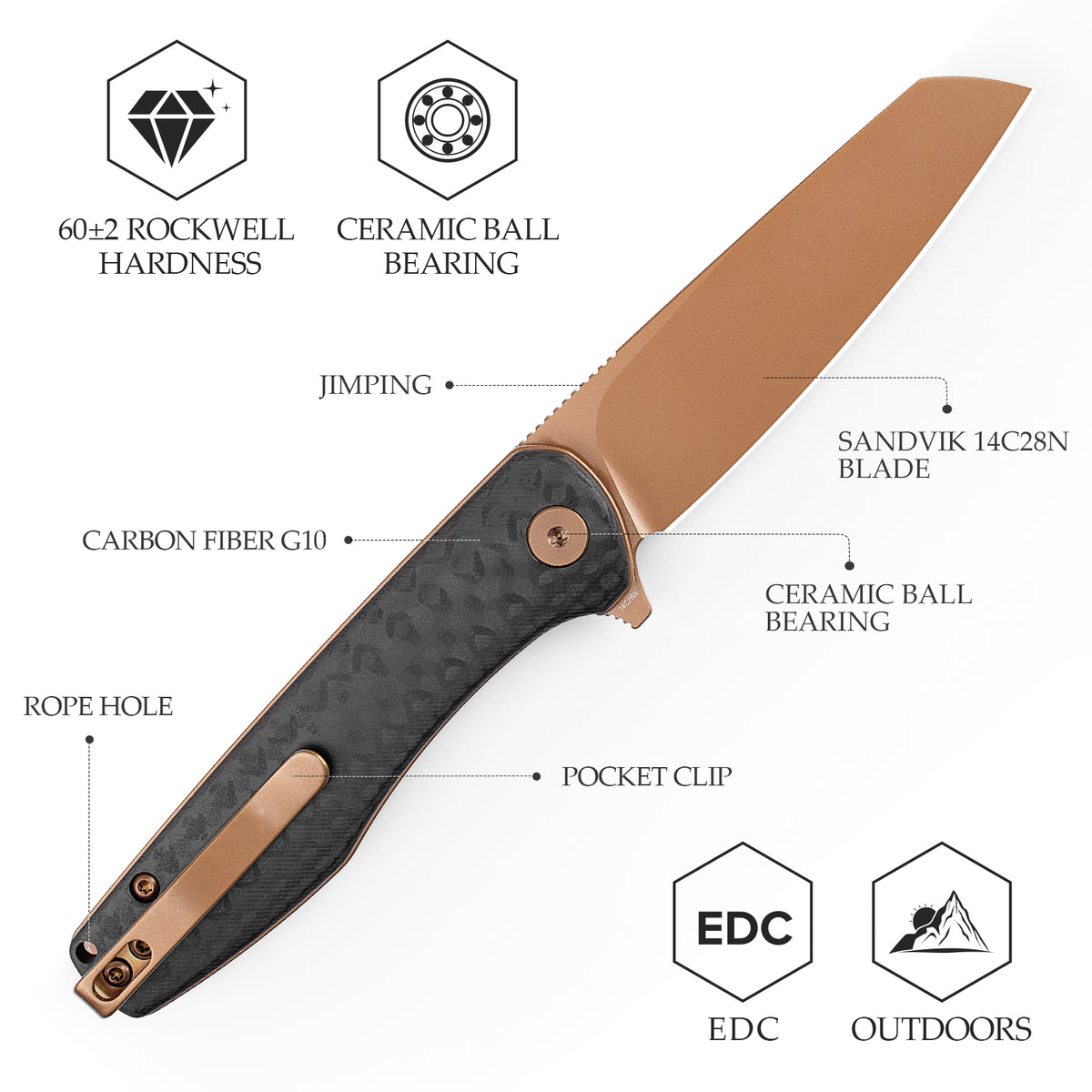 Dickybird-CG Liner Lock EDC Folding Pocket Knife 2.99'' 14C28N Steel Blade,Carbon Fiber G10 Handle