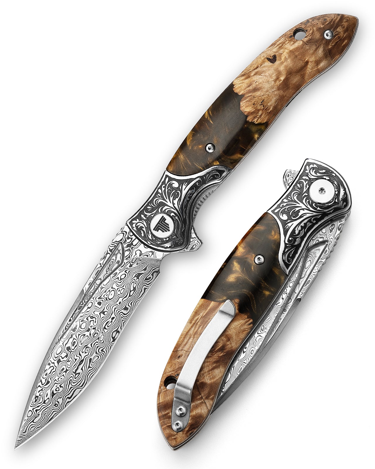 Virgo-07Y Handmade Folding Pocket Knife,3.62in 110 Layers Damascus Steel Blade,Resin & Wood Handle with Clip