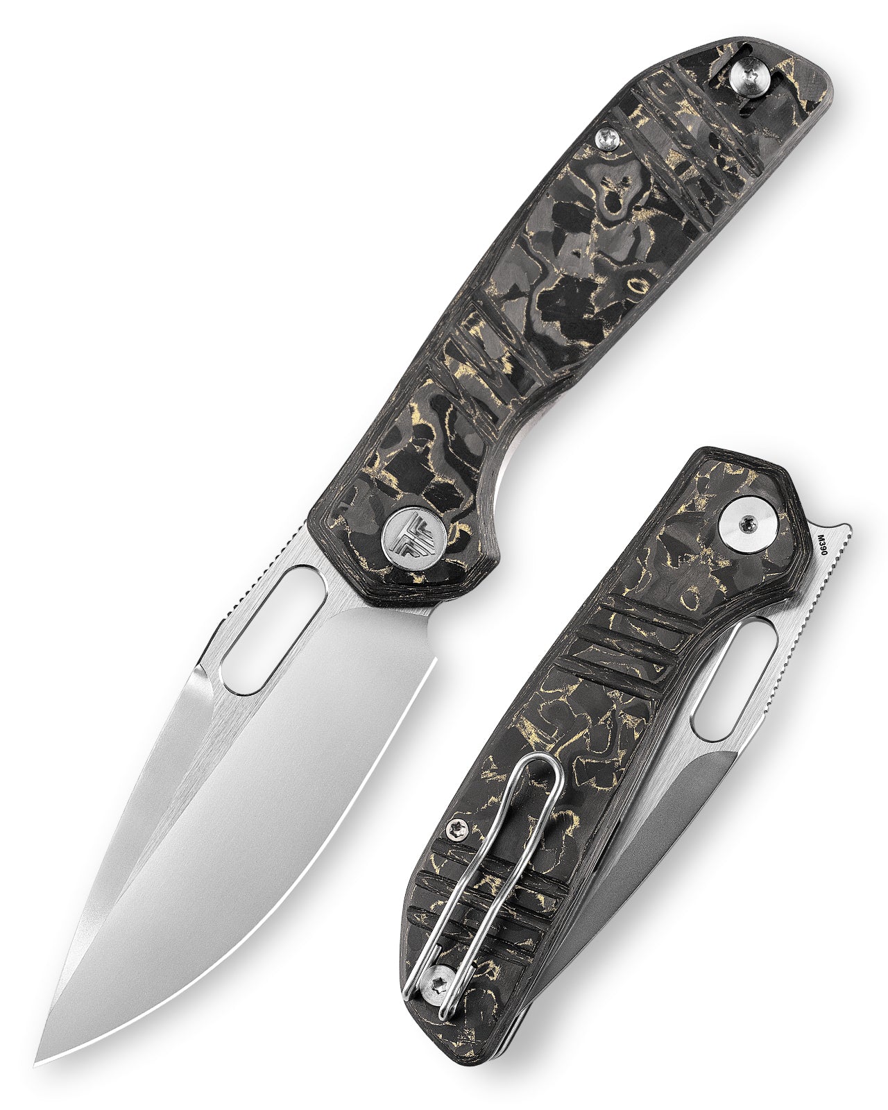 Gecko-YCP Liner Lock Folding Pocket Knife,Pearl and Satin Finished 3.4'' M390 Steel Blade,Ceramic Carbon Fiber Handle