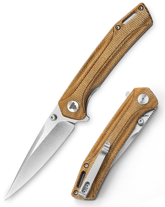 Volans-04K Thumb Stud,3.26" 154CM Steel,Khaki Micarta Handle