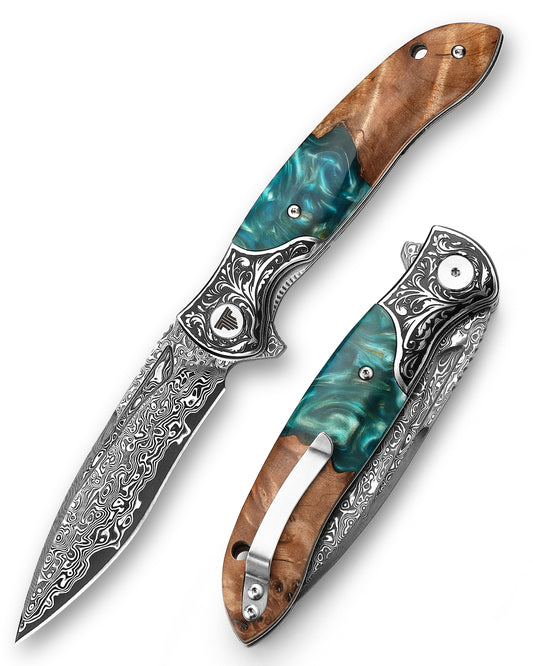 Virgo-07L Handmade Folding Pocket Knife,3.62in 67 Layers Damascus Steel Blade,Resin & Wood Handle with Clip