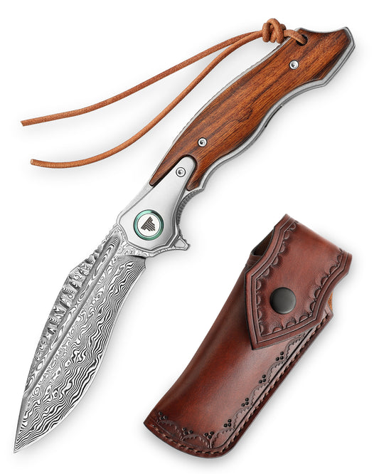 Lepus-01 Liner Lock，4.09'' 110 Layesrs Damascus Steel Blade，Titanium Bolster & Ironwood Handle and Sheath