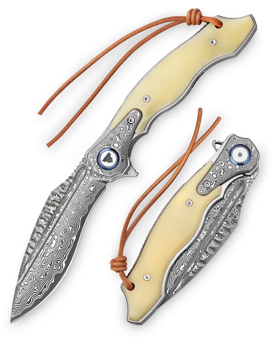 Lepus-02 Liner Lock，4.09'' 67 Layesrs Damascus Steel Blade，Damascus Bolster & Bone Handle