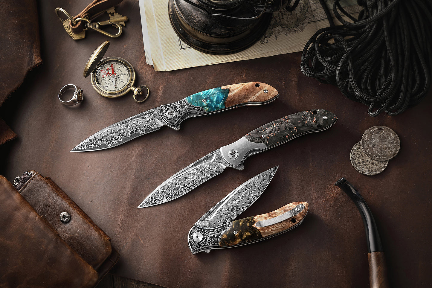 Virgo-05 Handmade Folding Pocket Knife,3.62in 110 Layers Damascus Steel Blade,Titanium bolster and Carbon Fiber Handle with Clip