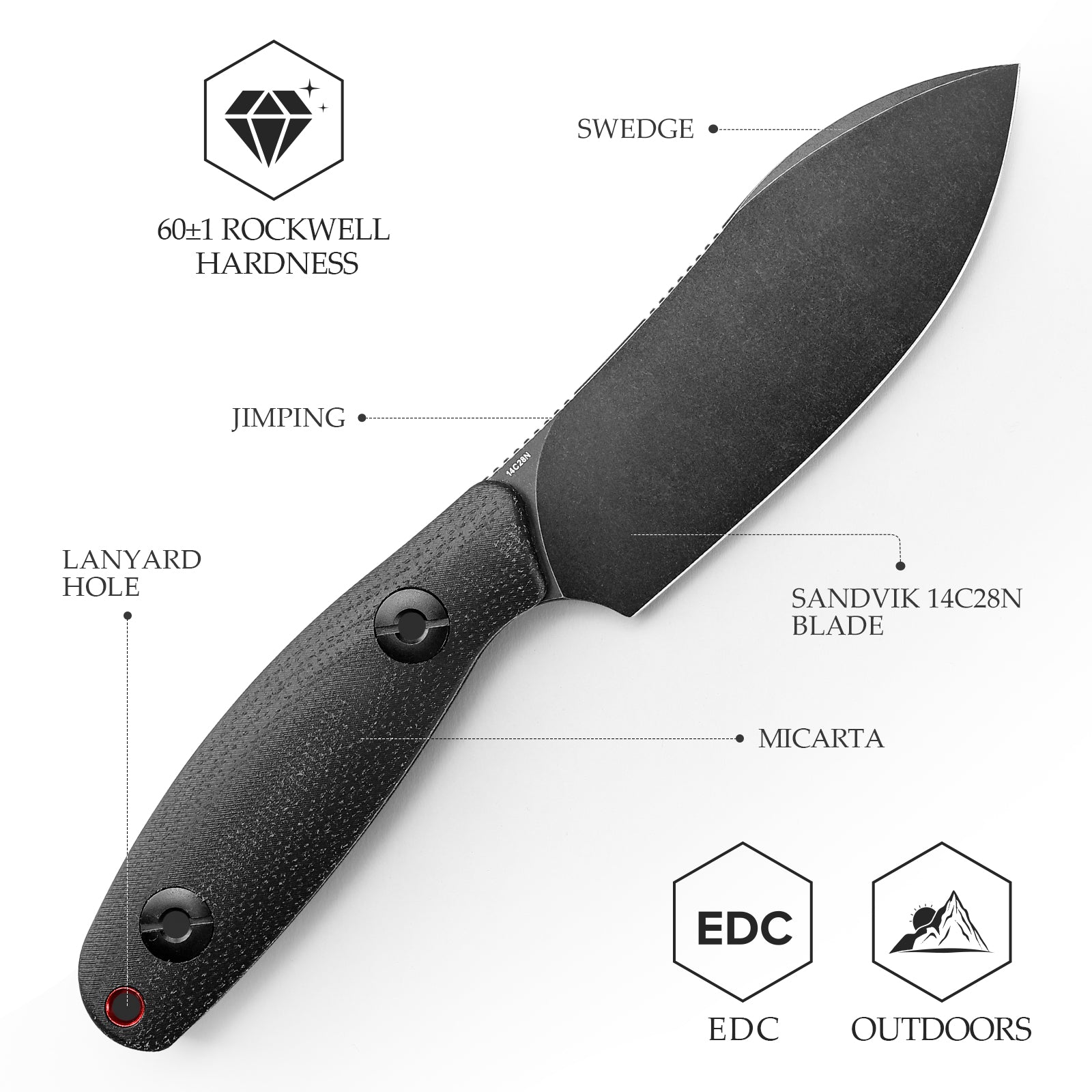 Aubergine-BM Full-tang Straight Fixed Blade Knife, 3.86‘’ 14C28N Steel Black Stonewashed Blade, Micarta Handle