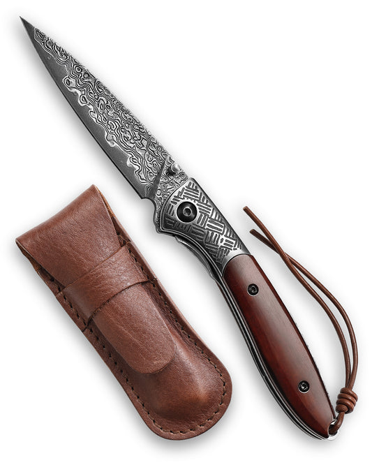 Piscis Austrinus-02B Handmade Pocket Knife with Leather Sheath,3.15in 67 Layers Damascus Steel Blade,Bone Handle