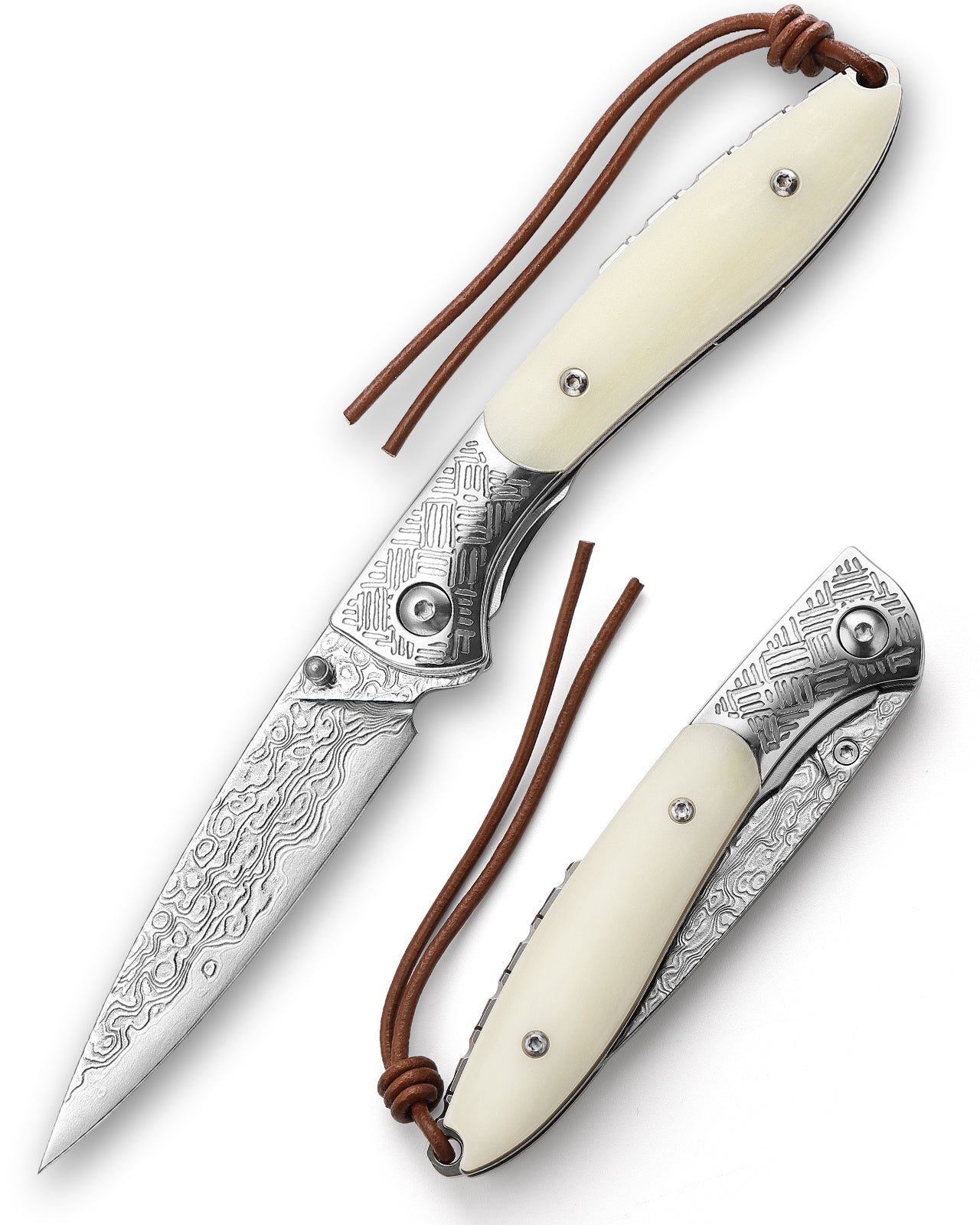 Piscis Austrinus-02W Handmade Pocket Knife,3.15in 67 Layers Damascus Steel Blade,Bone Handle