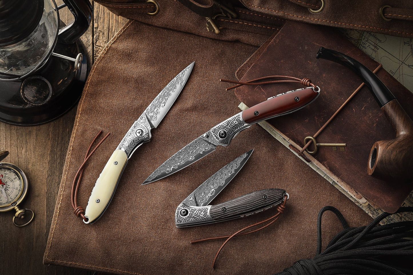 Piscis Austrinus-02W Handmade Pocket Knife with Leather Sheath,3.15in 67 Layers Damascus Steel Blade,Bone Handle