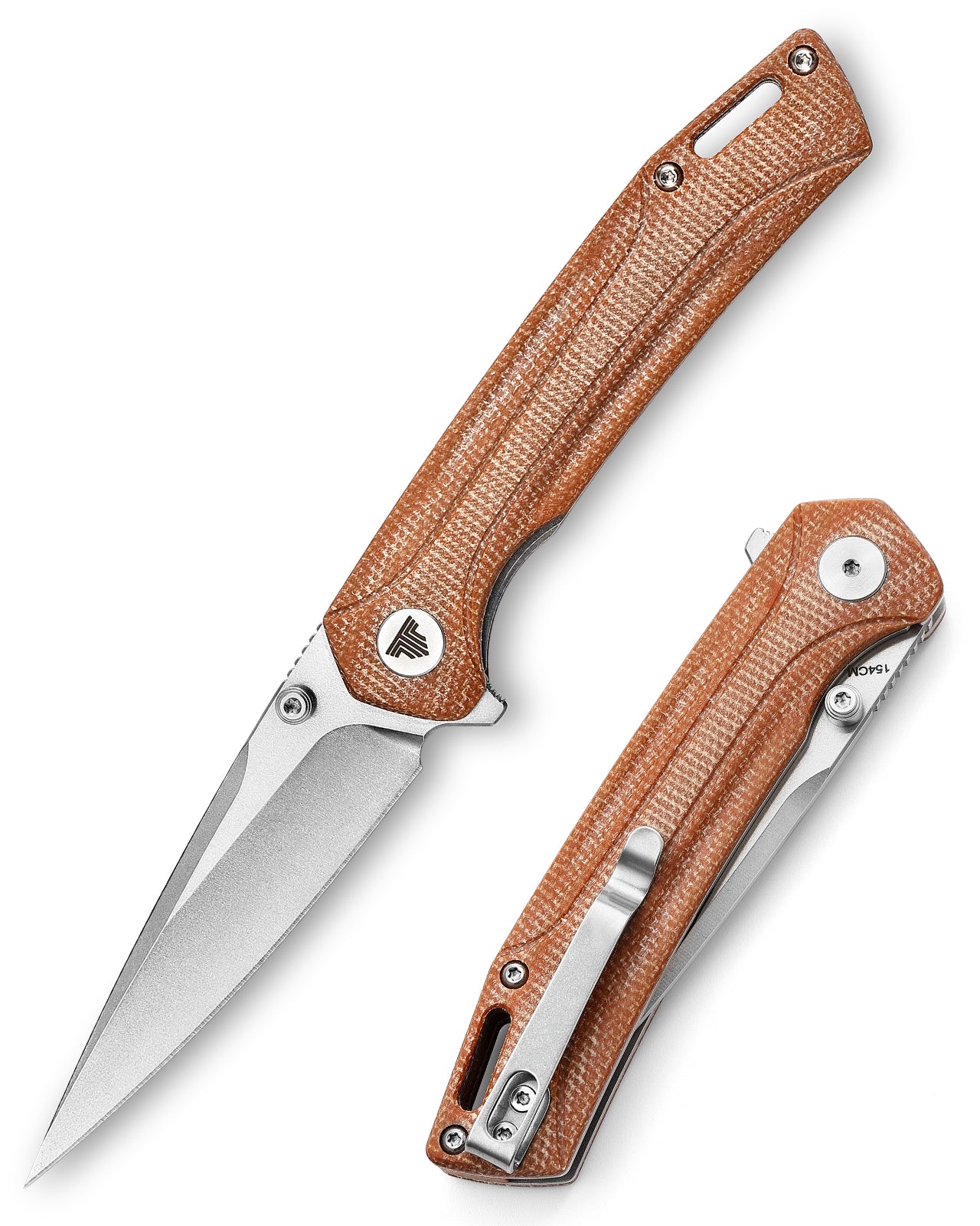 Volans-04O Thumb Stud,3.26" 154CM Steel,Brown Micarta Handle