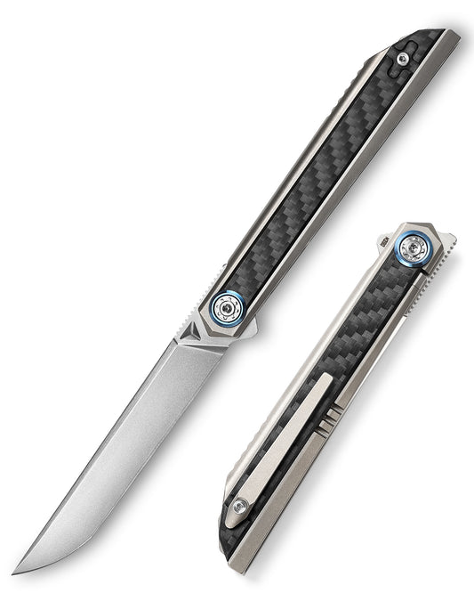 Cam-06GC Pearly Finished M390 Blade Integrated Titanium Handle with Carbon Fiber & Reversible Clip