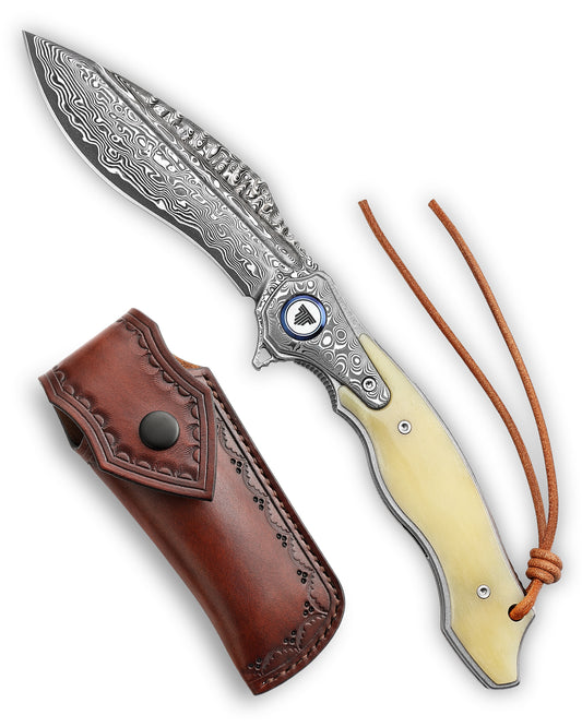 Lepus-02 Liner Lock，4.09'' 67 Layesrs Damascus Steel Blade，Damascus Bolster & Bone Handle and Sheath
