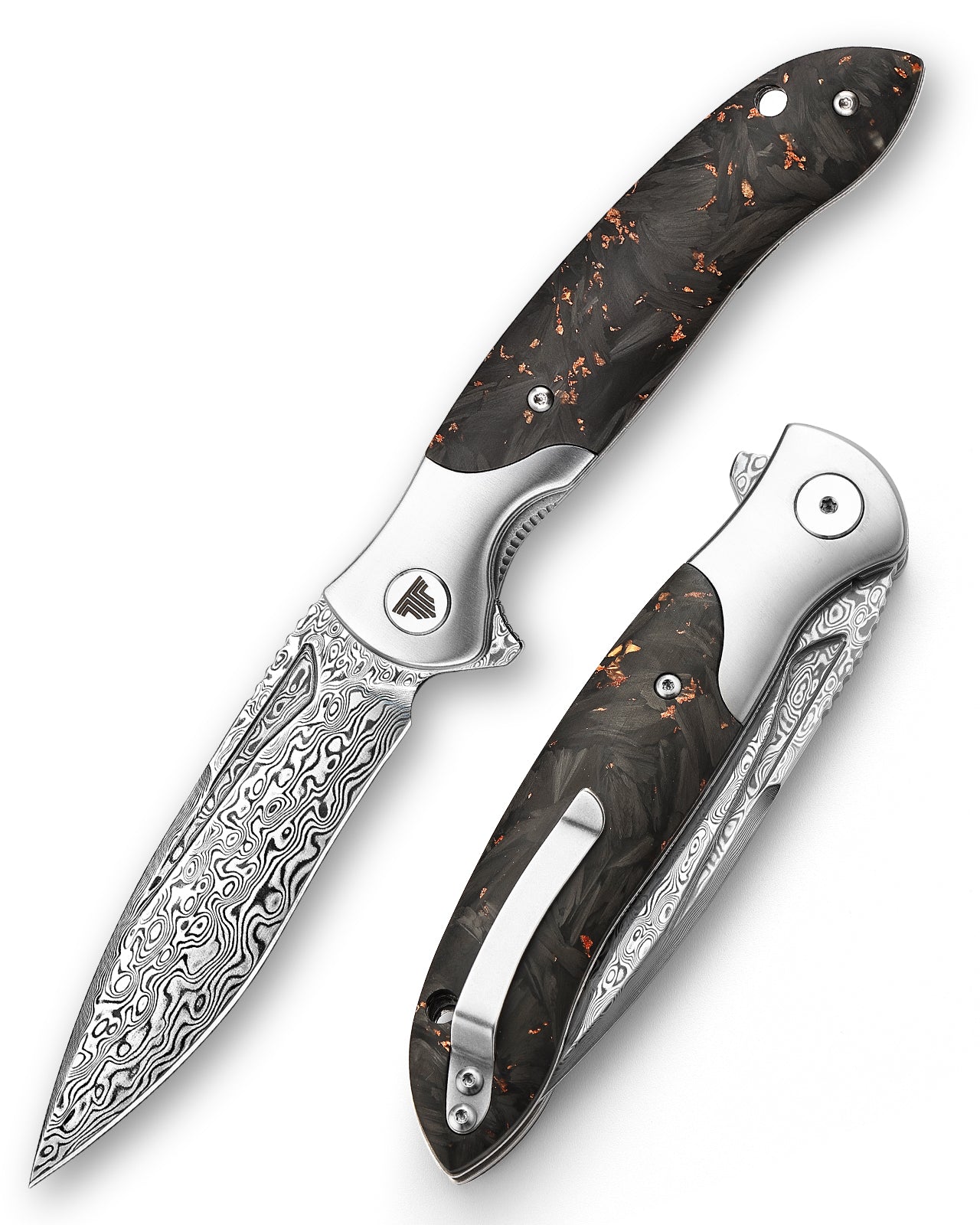 Virgo-05 Handmade Folding Pocket Knife,3.62in 110 Layers Damascus Steel Blade,Titanium bolster and Carbon Fiber Handle with Clip