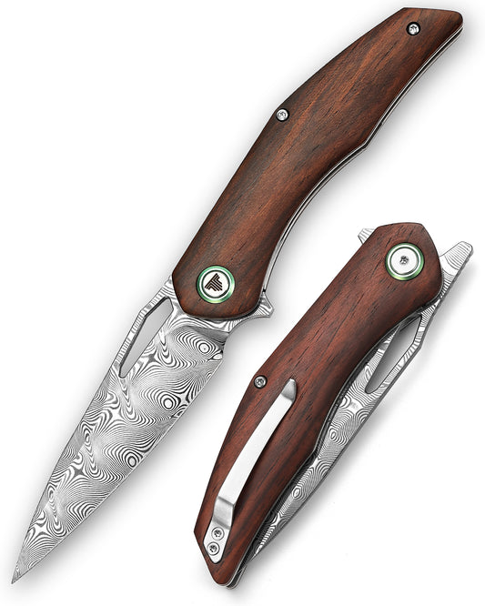 Taurus-01r Liner Lock,3.62'' 110 Layers Damascus Steel Blade,Front Flipper Rosewood Handle
