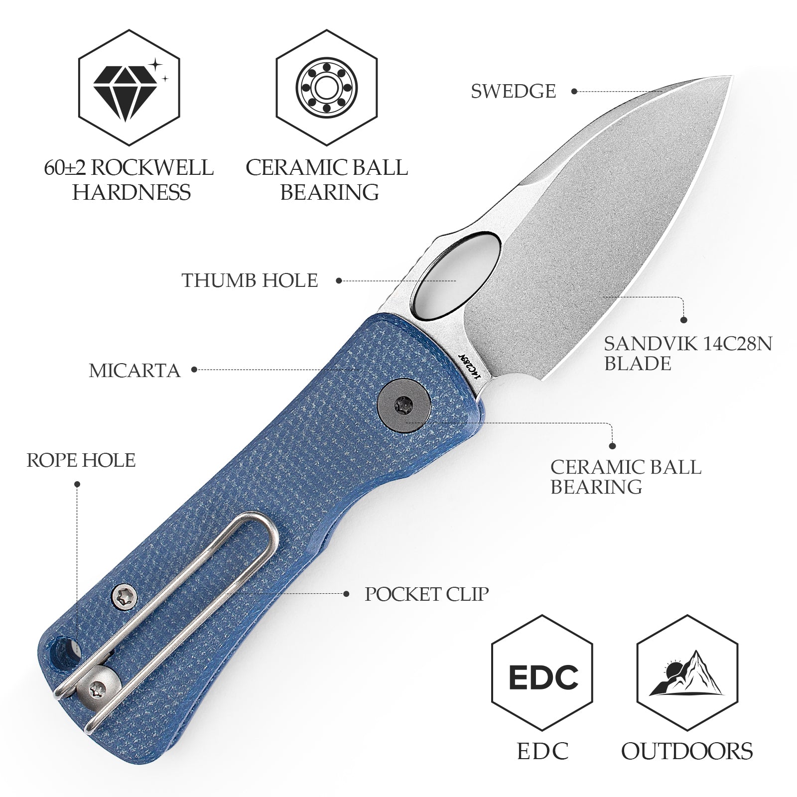 Andromeda-LM Button Liner Lock EDC Folding Knfe,2.3" 14C28N Steel Blade,Micarta Handle