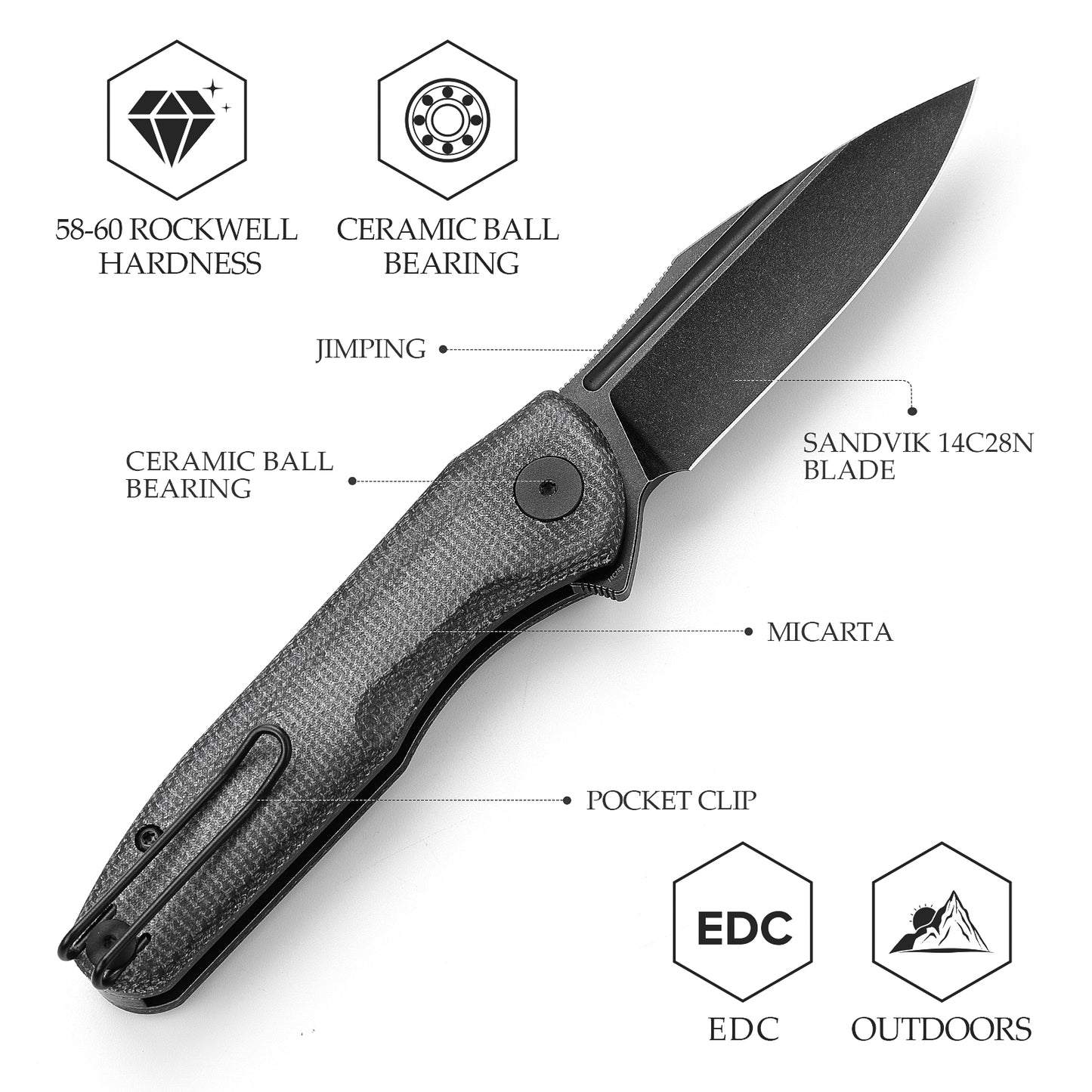 Antliae-04BM Button Lock Folding Pocket Knife,3.26" 14C28N Steel,Micarta Handle