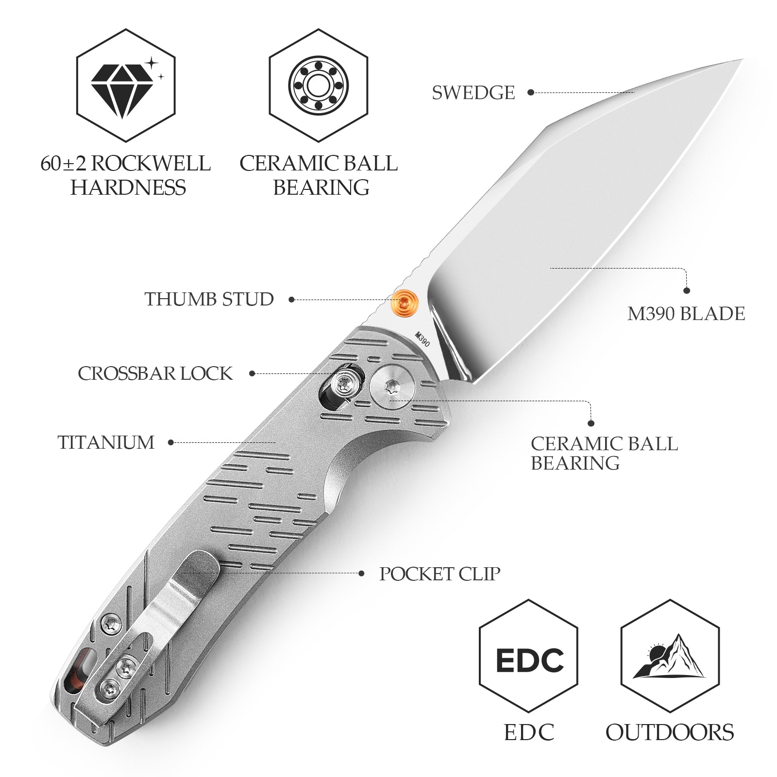 Firefly Ultra-M Crossbar Lock EDC Folding Pocket Knife,2.99" M390 Mirror Finished Steel Blade,Titanium Handle