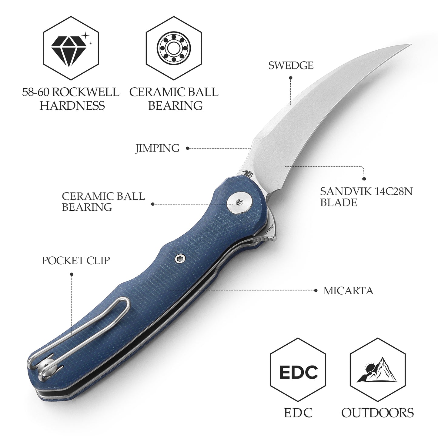 Lacerta-04L Liner Lock EDC Folding Pocket Knife 3.34'' 14C28N Steel Blade,Blue Micarta Handle,Tiguass Design