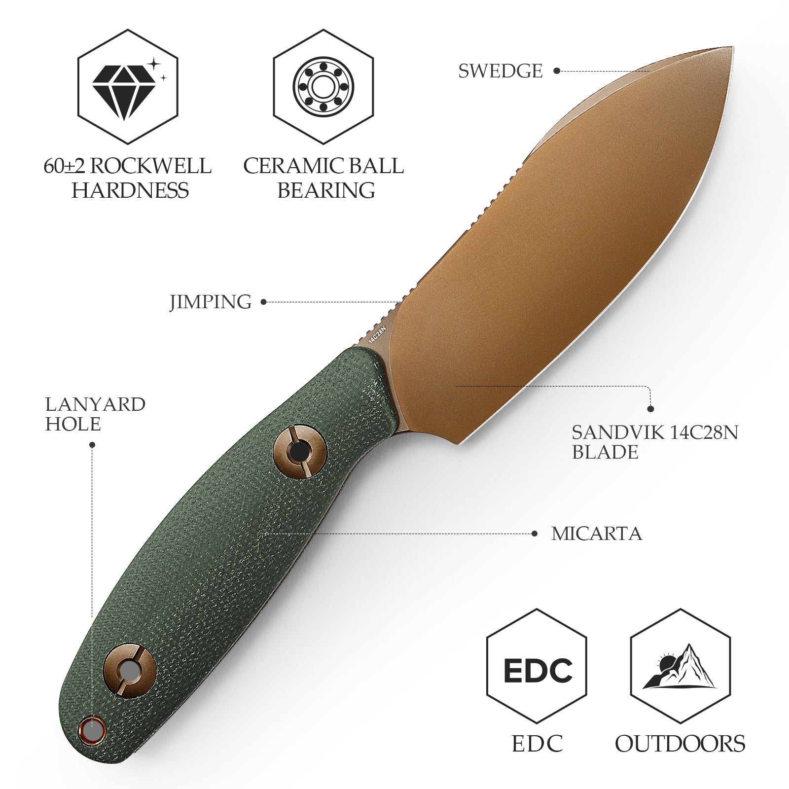 Eggplant-GM Full-tang Straight Fixed Blade Knife, 3.86‘’ 14C28N Steel Rose Gold Blade, Green Micarta Handle