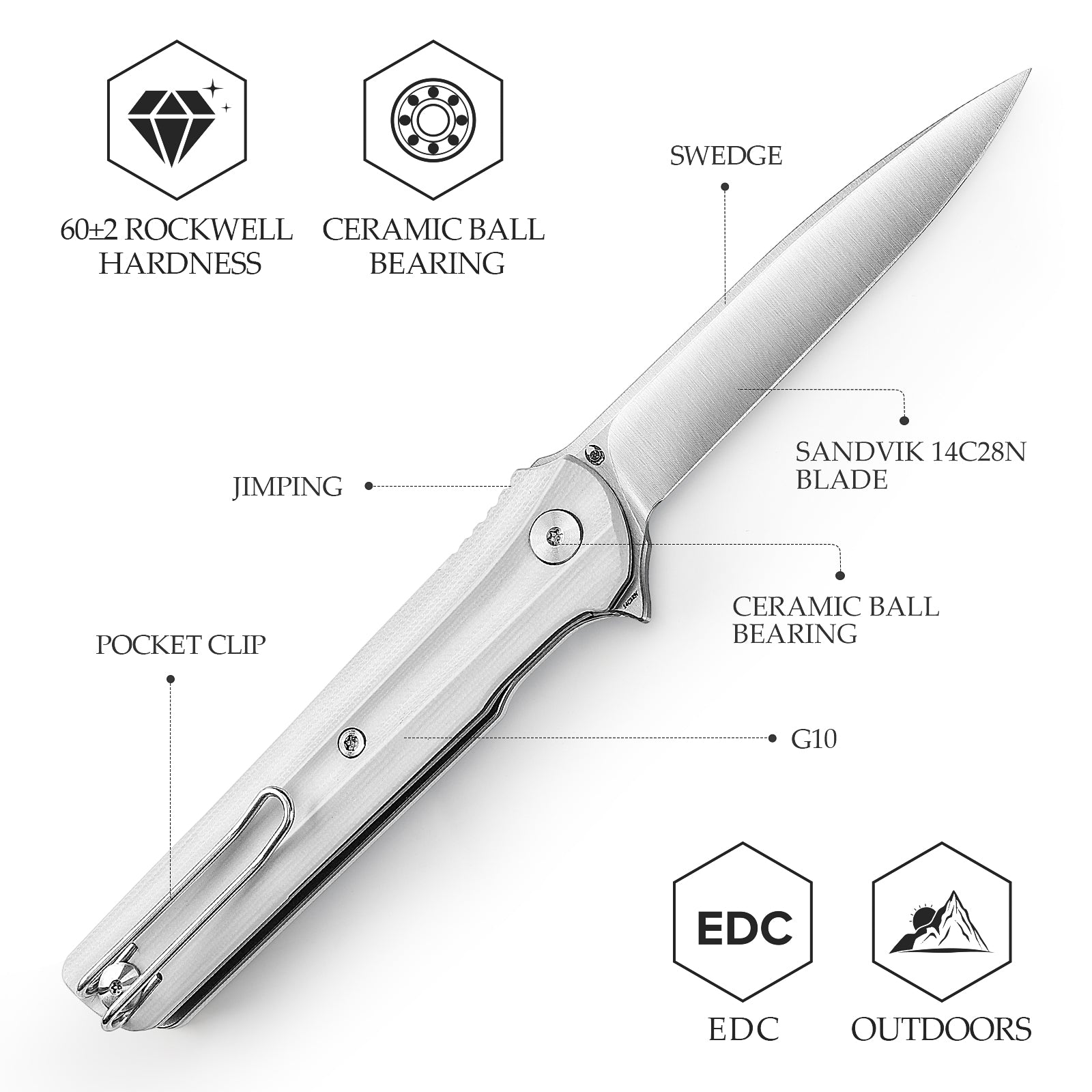 Seagu11-W Liner Lock  Folding Pocket Knife 3.4'' 14C28N Steel Blade,G10 Handle