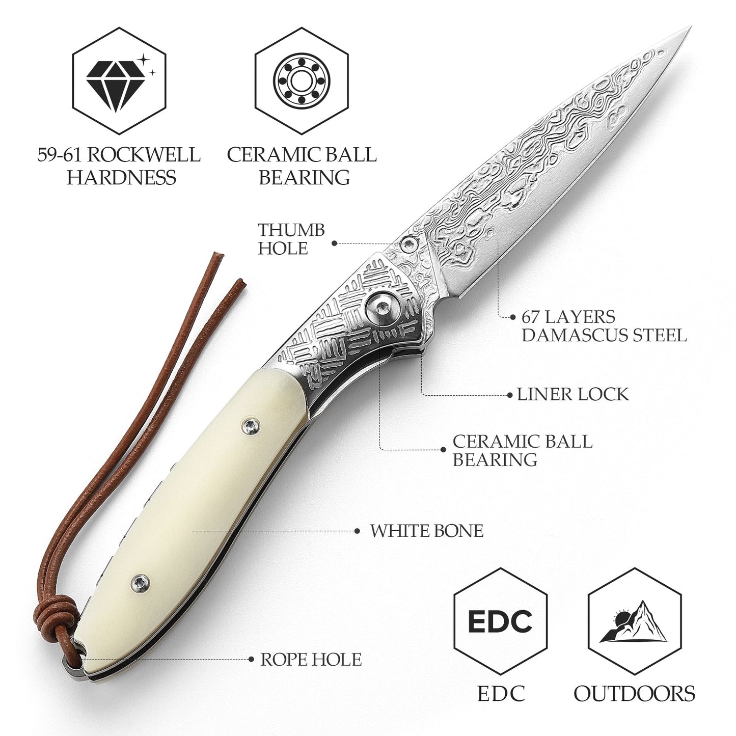 Piscis Austrinus-02W Handmade Pocket Knife with Leather Sheath,3.15in 67 Layers Damascus Steel Blade,Bone Handle