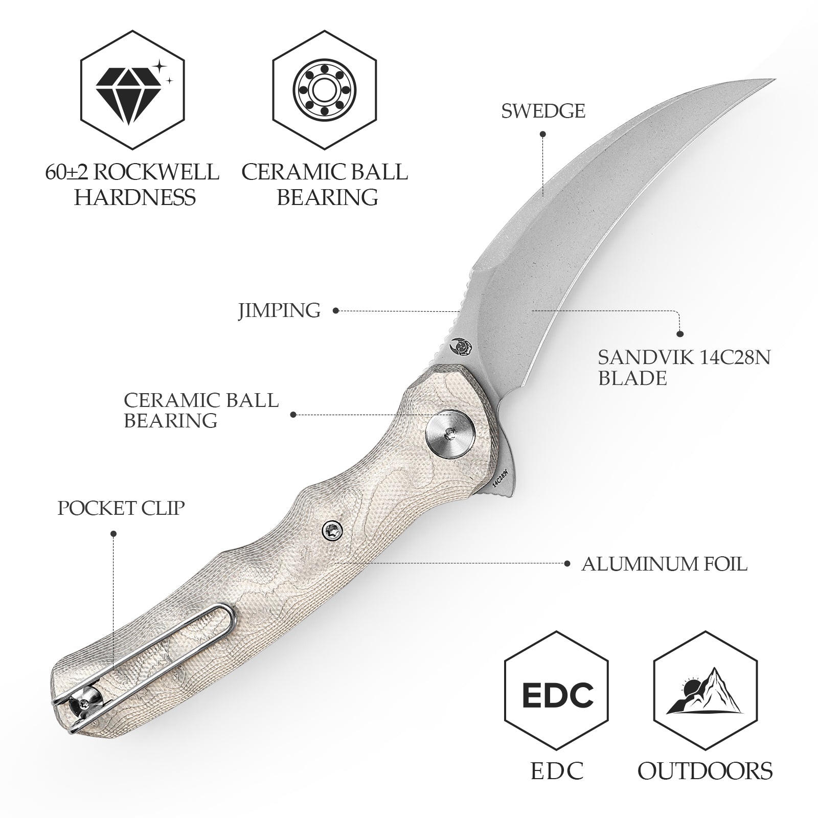 Lacerta-AL Liner Lock EDC Folding Pocket Knife 3.34'' 14C28N Steel Blade,Aluminum Foil Handle,Tiguass Design