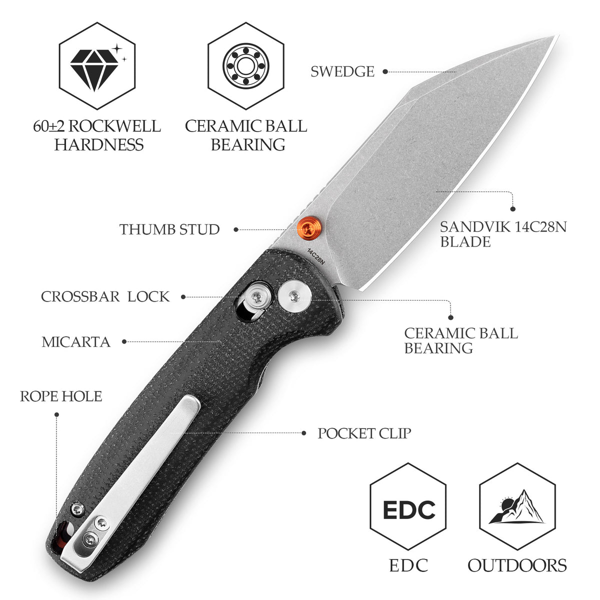 Firefly-BM Crossbar Lock EDC Folding Pocket Knife,2.99" 14C28N Steel Blade,Micarta Handle