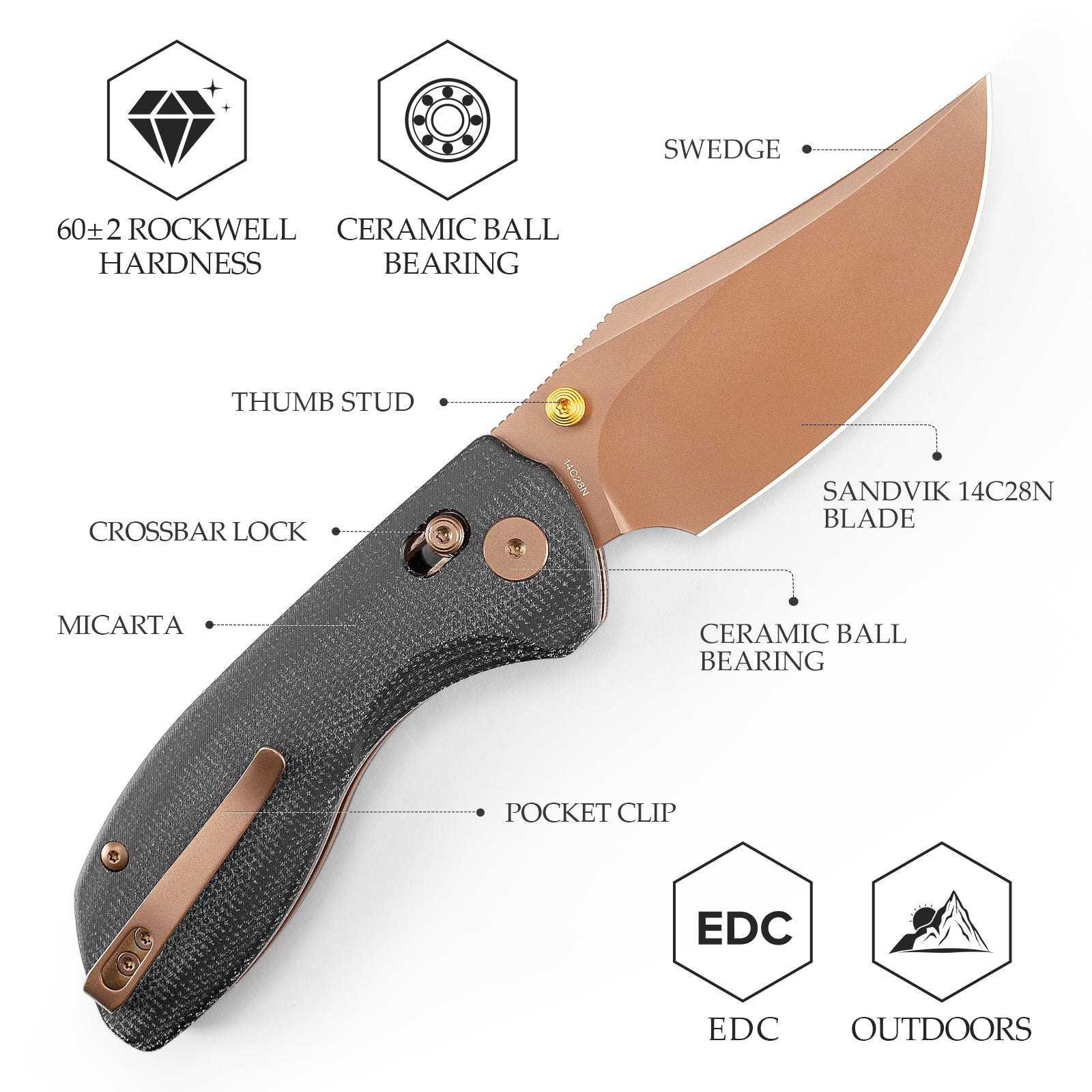 Hippo-BM Crossbar Lock EDC Folding Pocket Knife,3.4" 14C28N Steel Blade,Micarta Handle