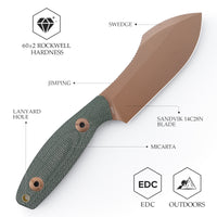 Pumpkin-GM Full-tang Straight Fixed Blade Knife, 3.9‘’14C28N Steel Stonewash Blade, Micarta Handle