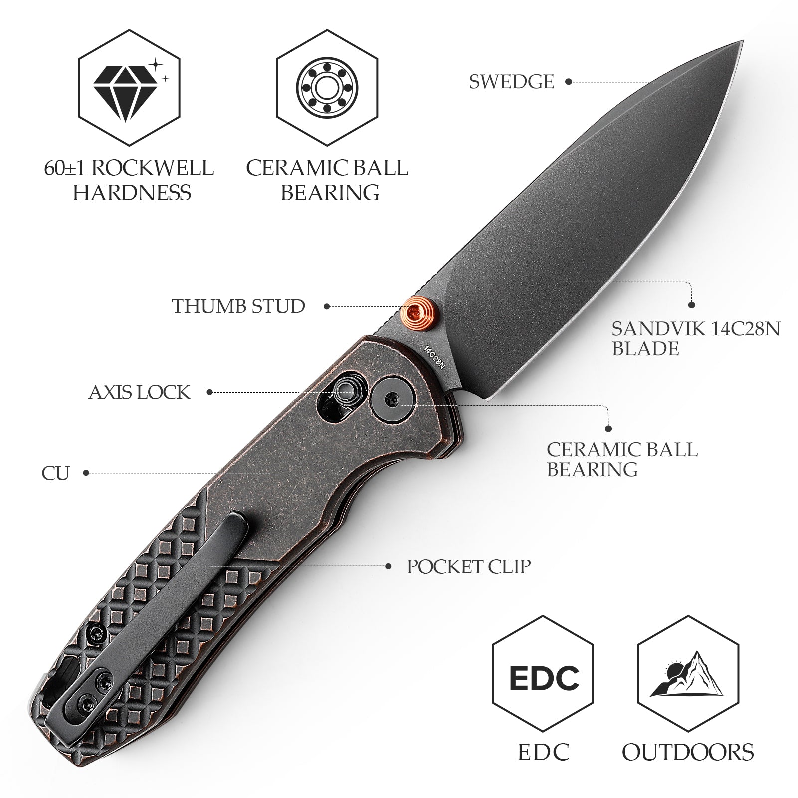 Dragonfly-Cu Axis Lock EDC Folding Pocket Knife,2.99'' 14C28N Steel Blade,Cu Handle