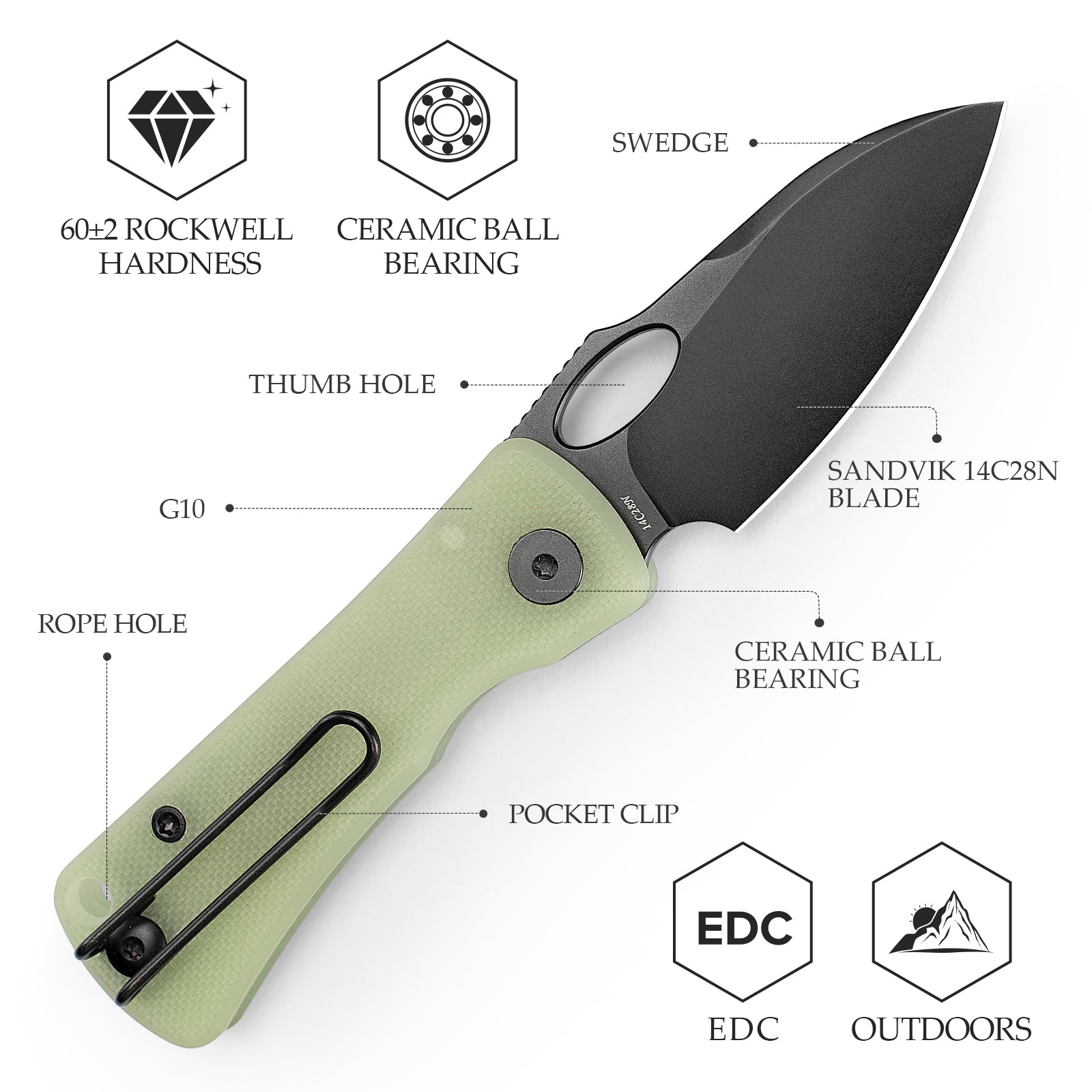 Andromeda-TG Button Liner Lock EDC Folding Knfe,2.3" 14C28N Steel Blade,G10 Handle