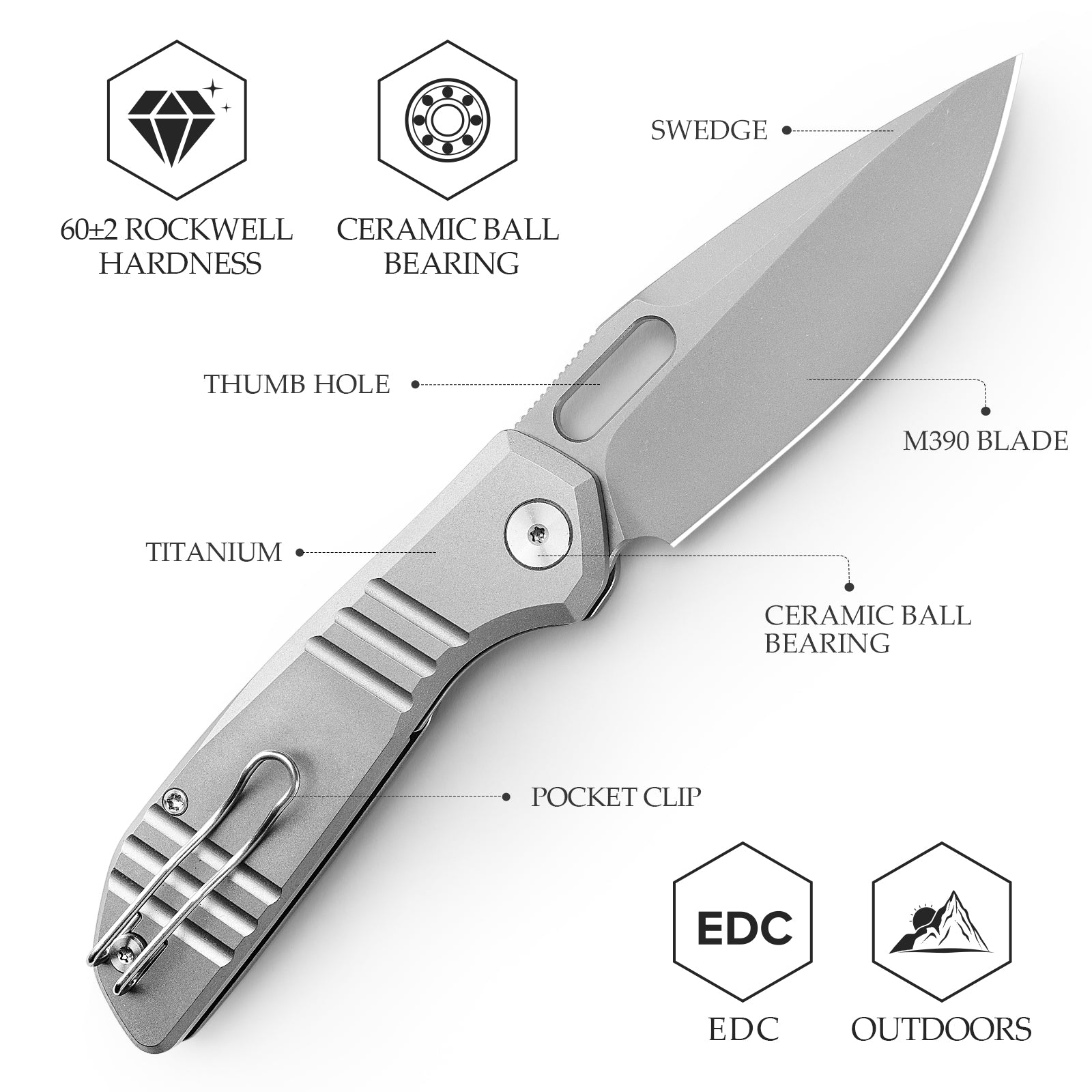 Gecko-S Liner Lock Folding Pocket Knife,3.4'' M390 Steel Blade,Titanium Handle