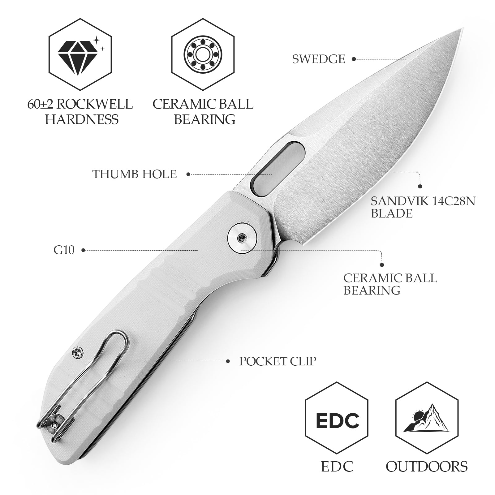 Gecko-WG Liner Lock EDC Folding Pocket Knife,3.4'' 14C28N Steel Blade,G10 Handle