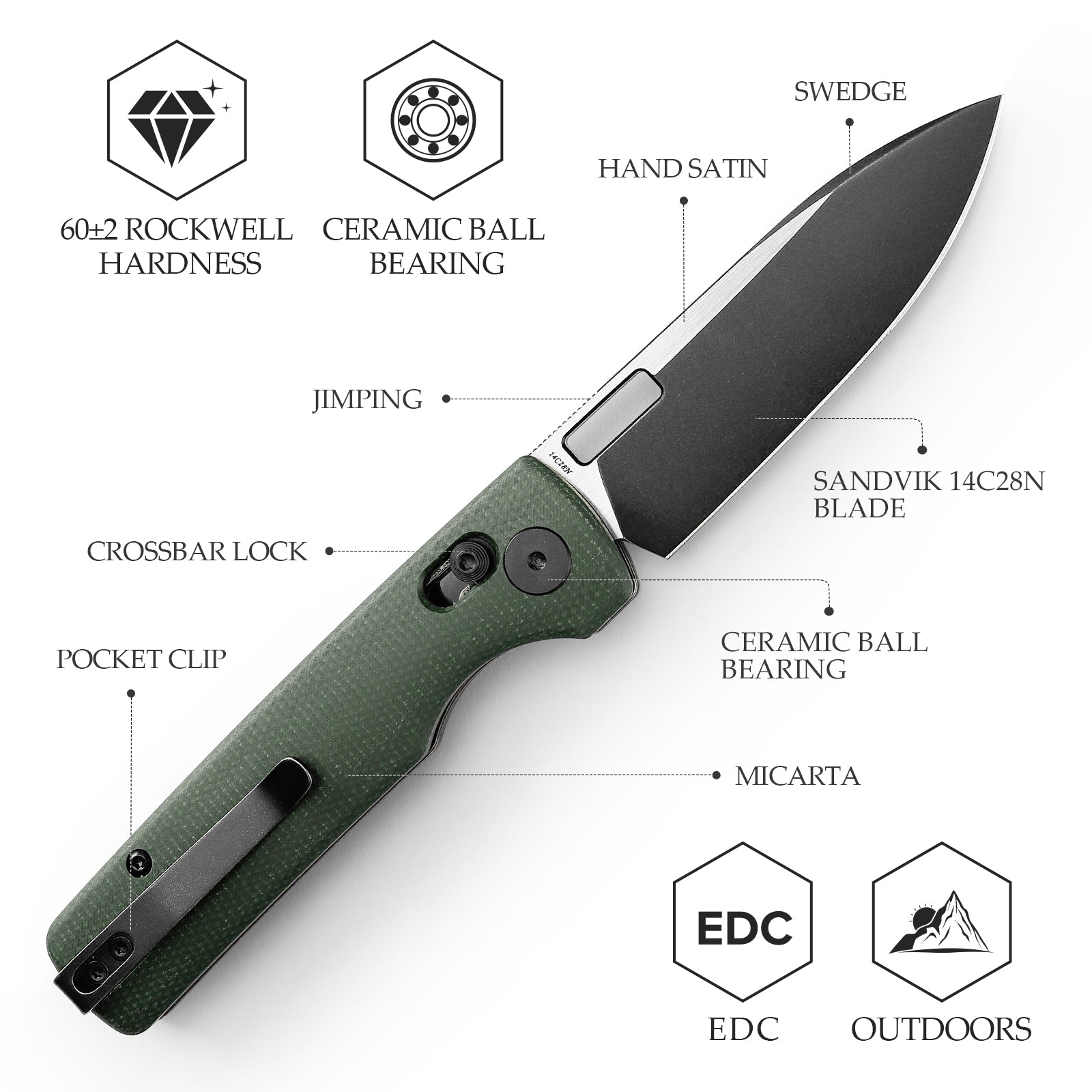 Sabretooth-GM Crossbar Lock Folding Pocket Knife,3.4'' 14C28N Steel Black Stonewashed Satin Blade, Green Micarta Handle