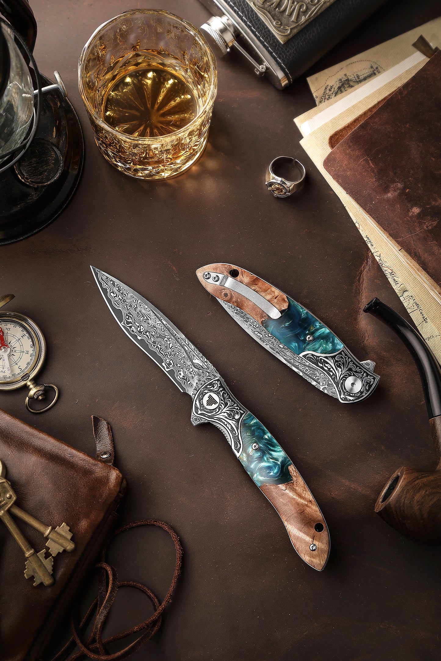 Virgo-07L Handmade Folding Pocket Knife,3.62in 67 Layers Damascus Steel Blade,Resin & Wood Handle with Clip