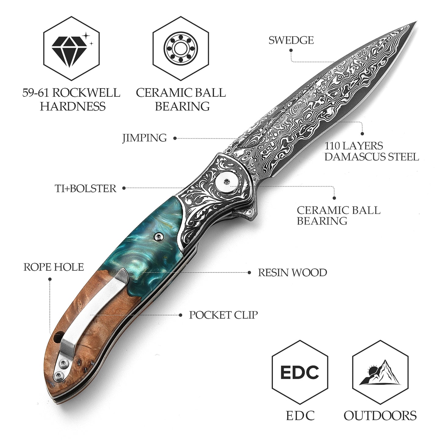 Virgo-07L Handmade Folding Pocket Knife,3.62in 67 Layers Damascus Steel Blade,Resin & Wood Handle with Clip