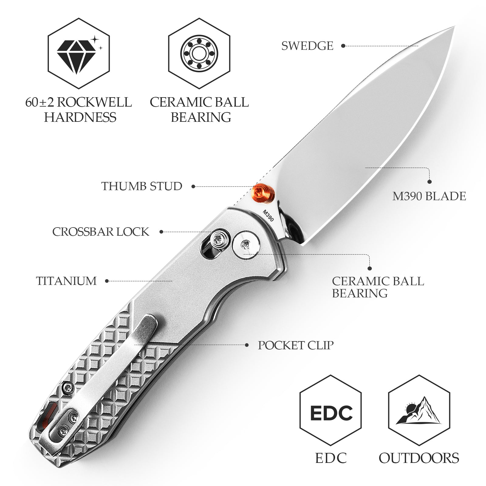 Dragonfly-M Crossbar Lock EDC Folding Pocket Knife, 2.99'' M390 Steel Blade, Titanium Handle
