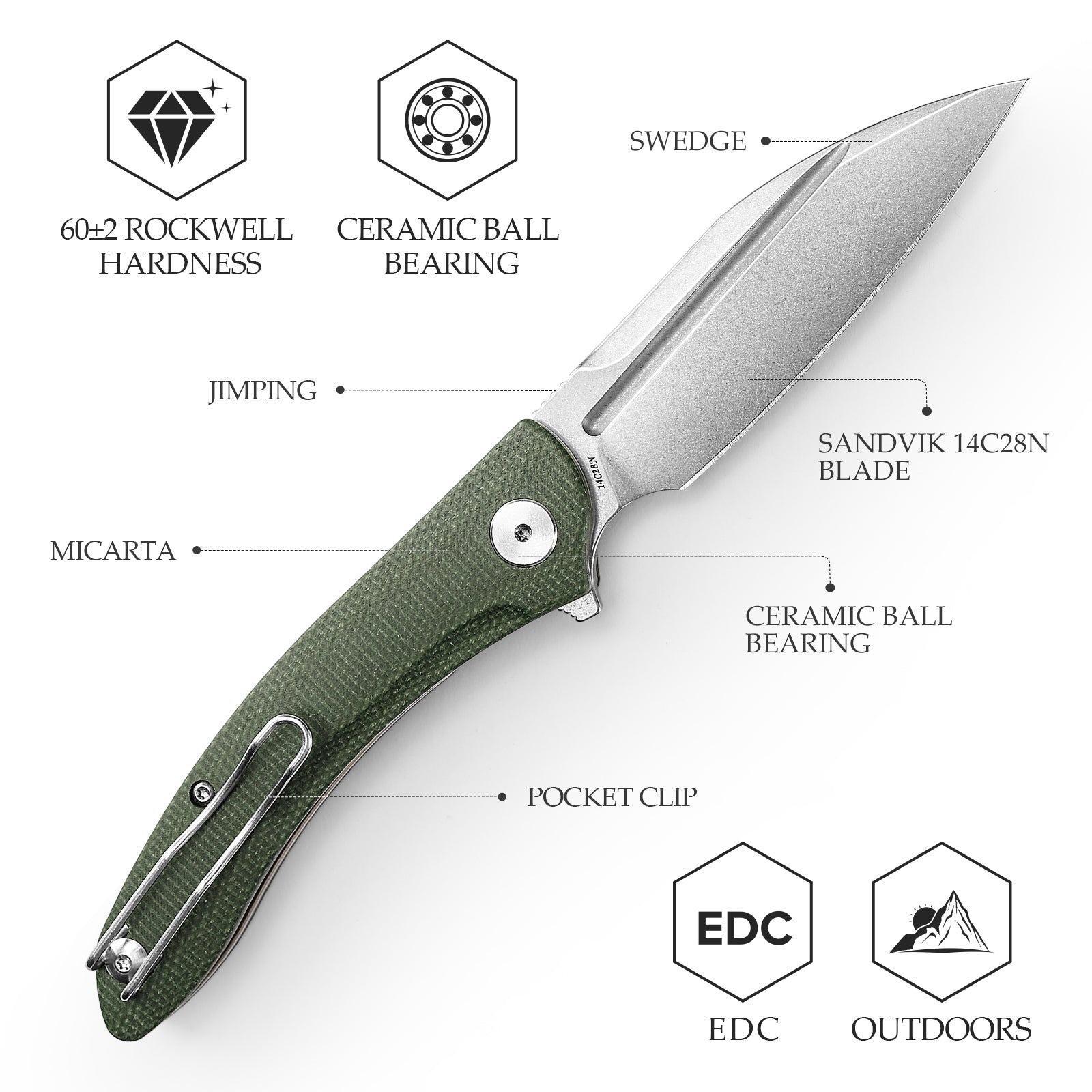 Cuckoo-GM Liner Lock EDC Folding Pocket Knife 3.37'' 14C28N Steel Blade,Micarta Handle