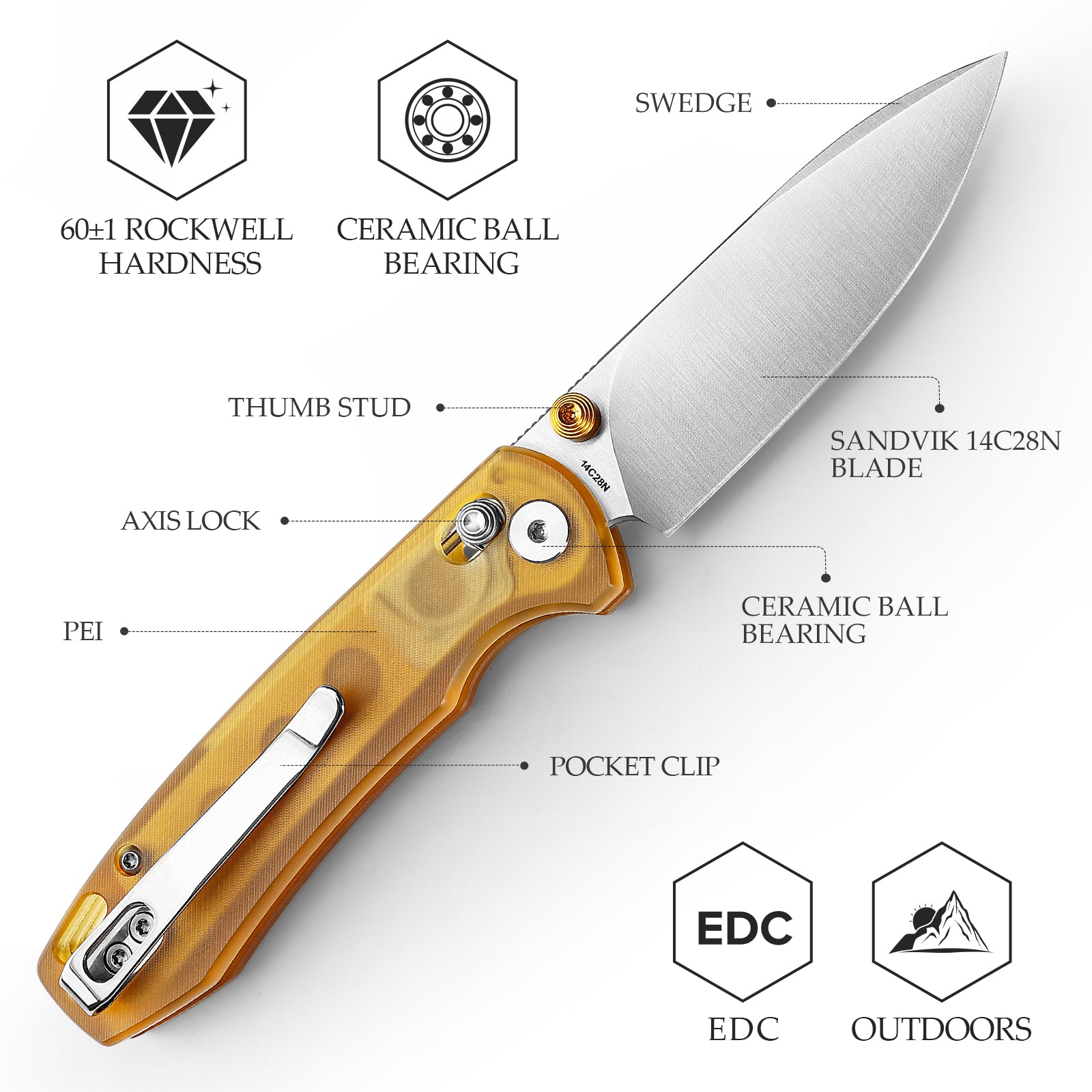 Dragonfly-Y Axis Lock EDC Folding Pocket Knife,2.99'' 14C28N Steel Blade,PEI Handle