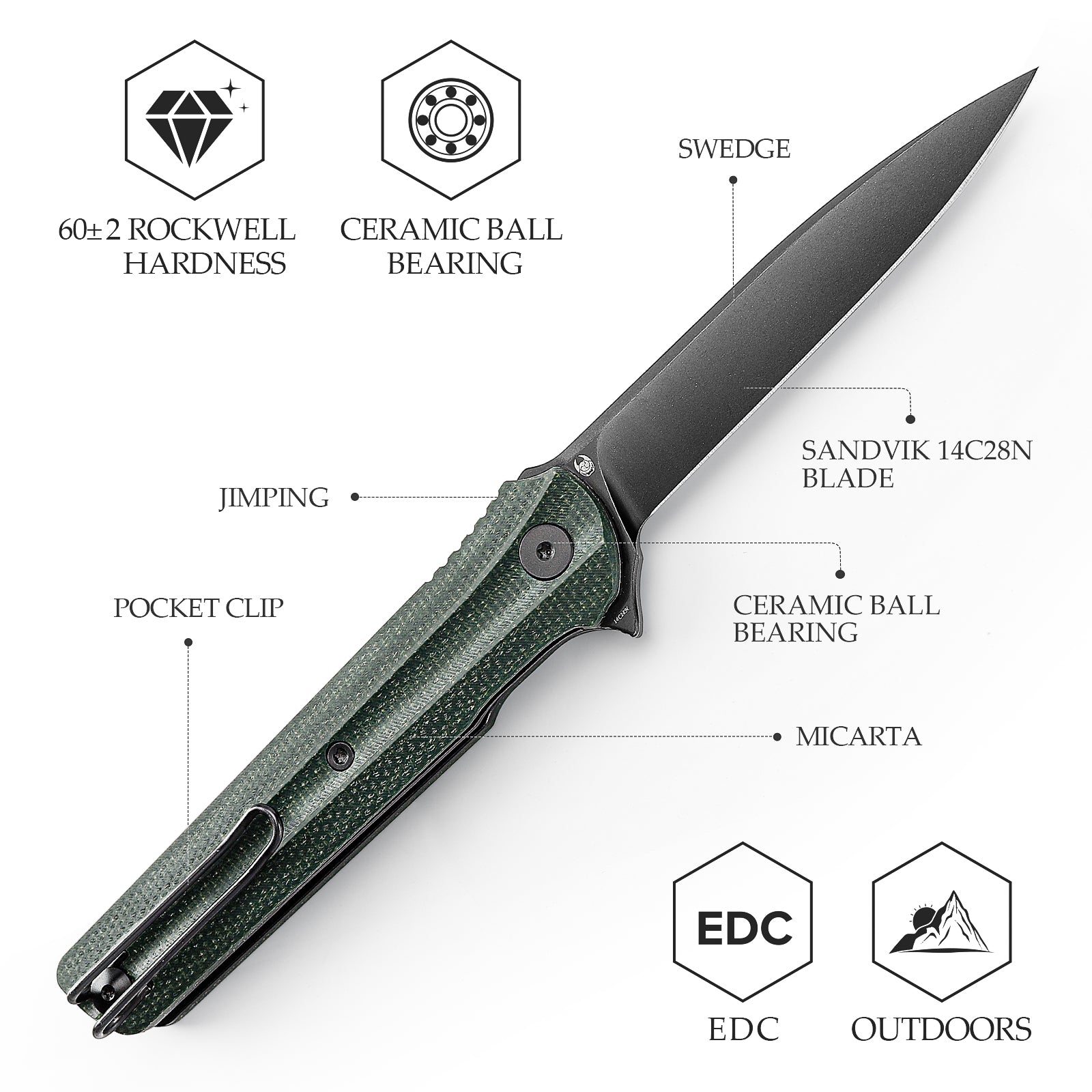 Seagu11-G Liner Lock  Folding Pocket Knife 3.4'' 14C28N Steel Blade,Micarta Handle