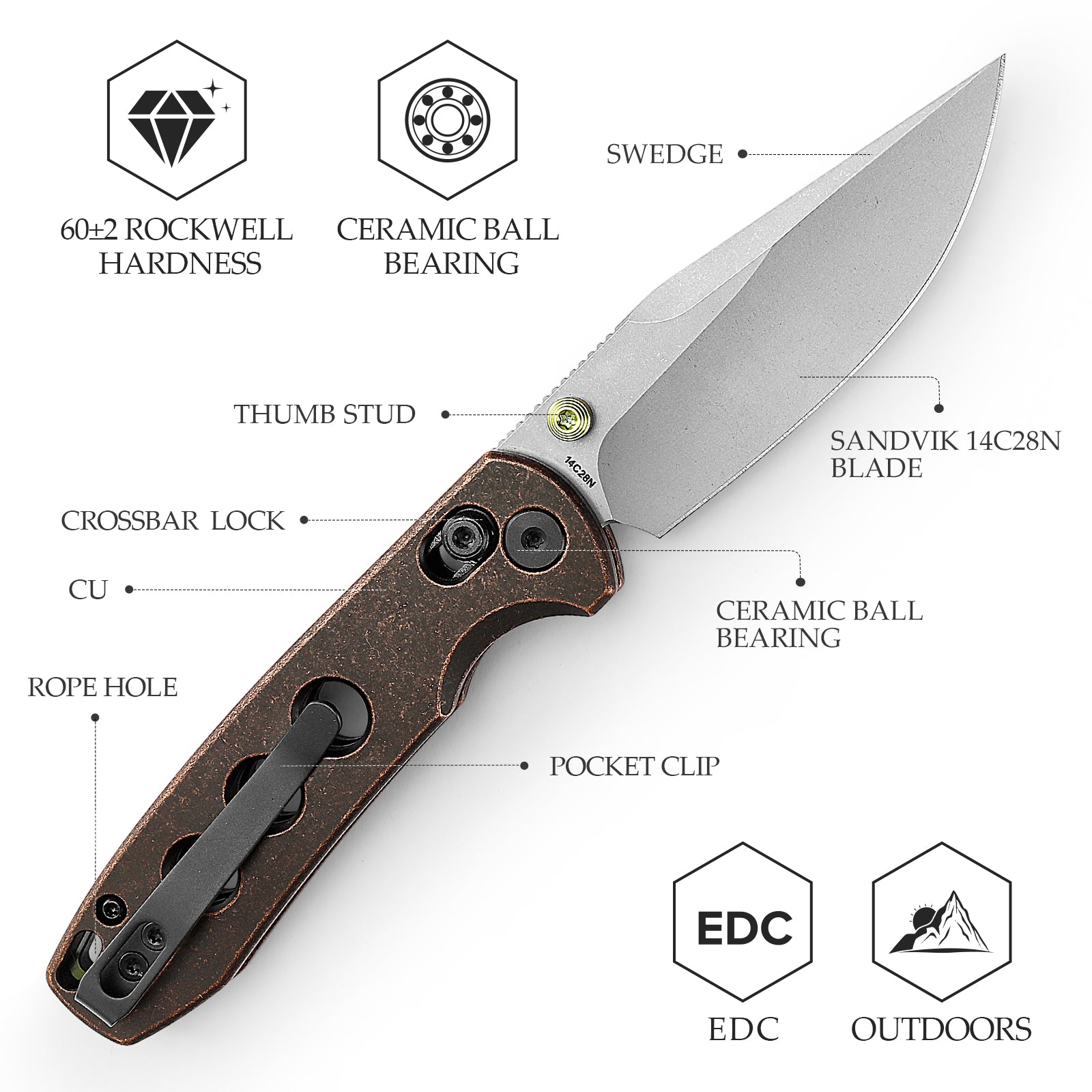 Butterfly-CU Crossbar Lock EDC Folding Pocket Knife,2.99'' 14C28N Steel Blade,Copper Handle