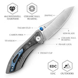 Rhino-W Frame Lock EDC Folding Pocket Knife, 3.2'' M390 Steel Blade, Carbon Fiber Titanium Handle